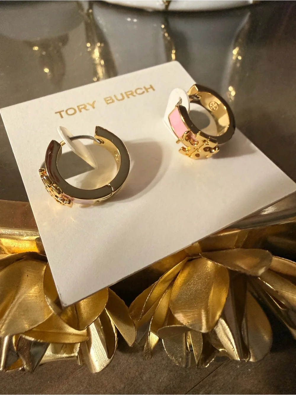 Tory Burch Pink and Gold Enamel Logo Hoop Huggie Earrings